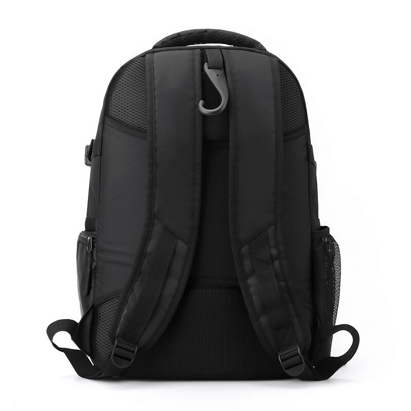 Black sports backpack with adjustable straps, shoe compartment, and detachable net pocket, perfect for athletes and outdoor enthusiasts.